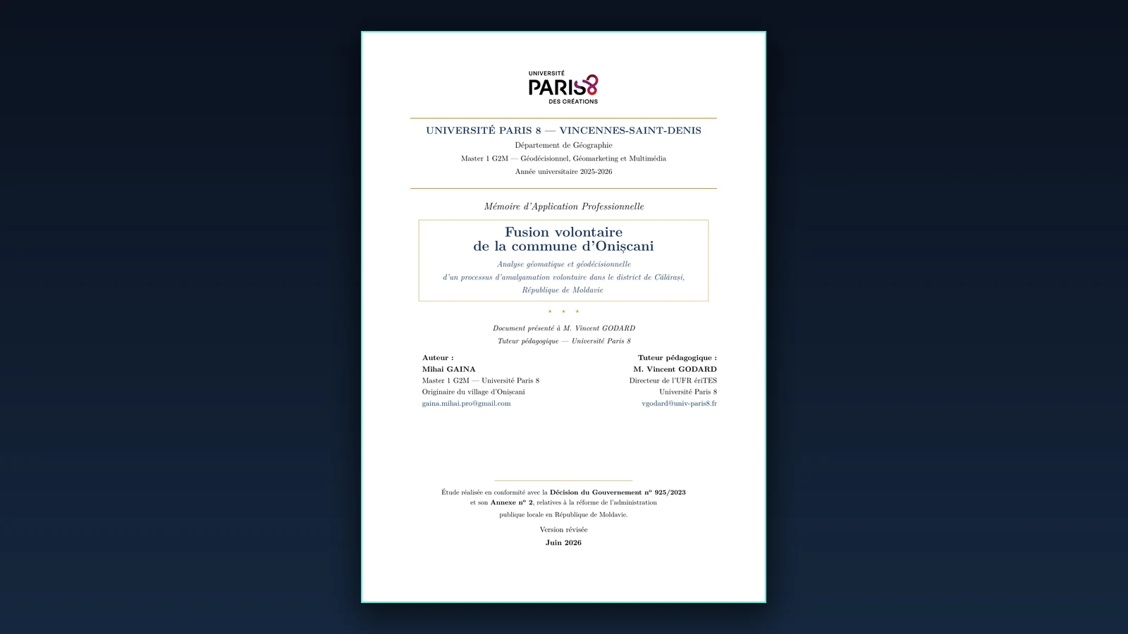 Mémoire M1 — Amalgamation de Călărași (Géomatique, 18/20)
